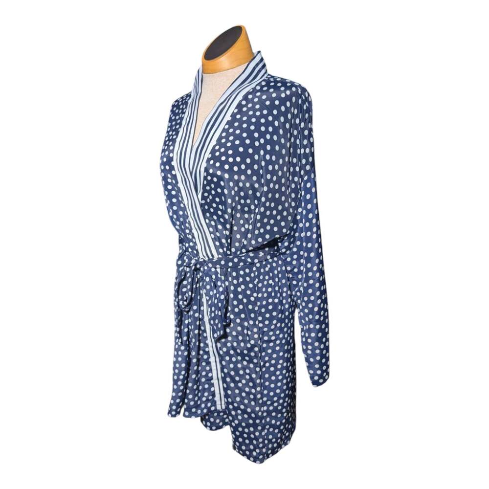 Vtg 1990s Amelia's Navy Blue White Polka Dot Long Sleeve Short Wrap Robe Sz L